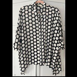 NWT Chico's Becca B&W Polka Dot 3/4 Sleeve, Semi Sheer Button Down Top, XL / 16